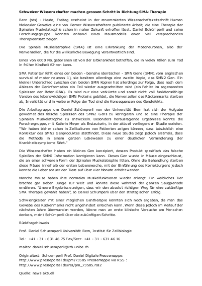 Schweizer Wissenschafter machen grossen Schritt in Richtung SMA 14.11.08